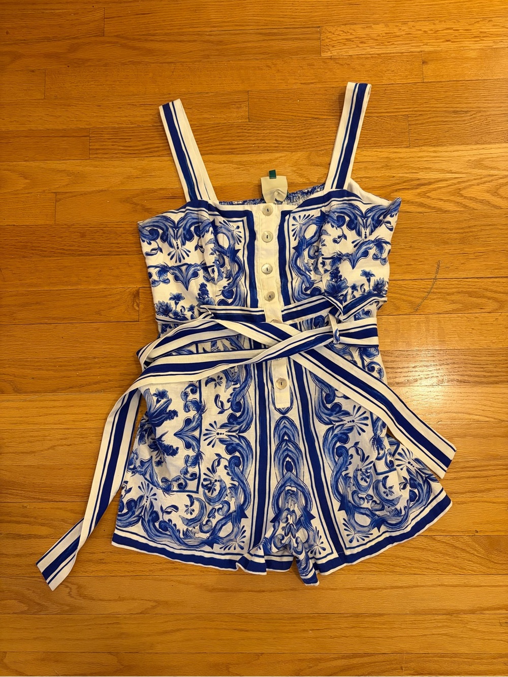 FARM Rio Blue & White Floral Strap Romper with Waist Tie